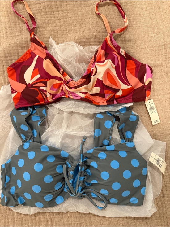 aerie Other - Two Patterned Bikini Tops - Abstract Red/Pink & Green with Blue Polka Dots